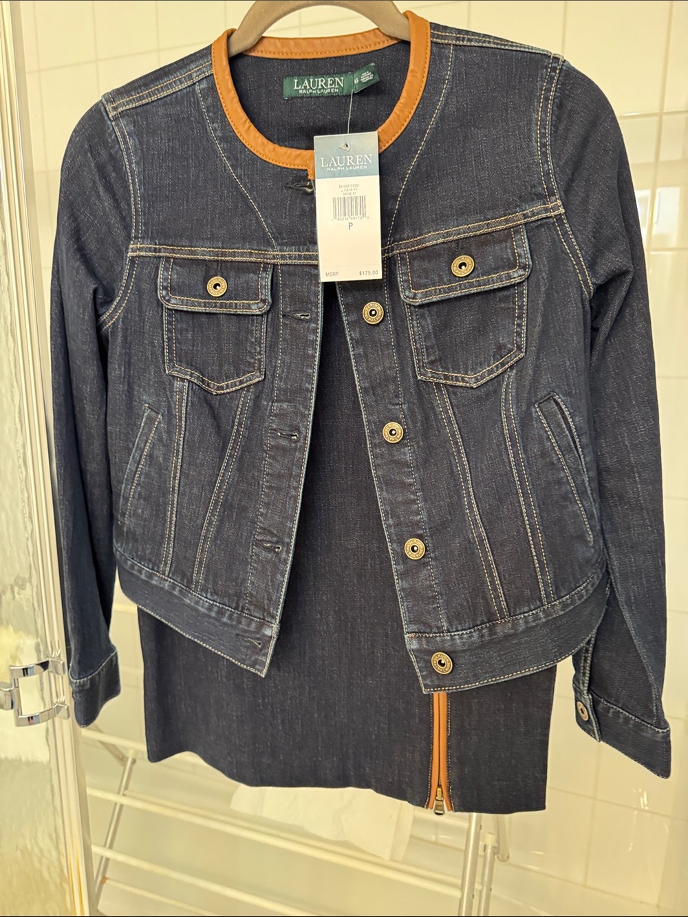 Lauren Ralph Lauren dark wash denim cropped jacket & matching pencil skirt.